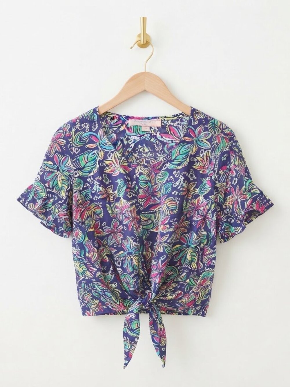 Floral Tie Front Top Small Short Sleeve Scoop Neck Rayon Tropical Palm Print